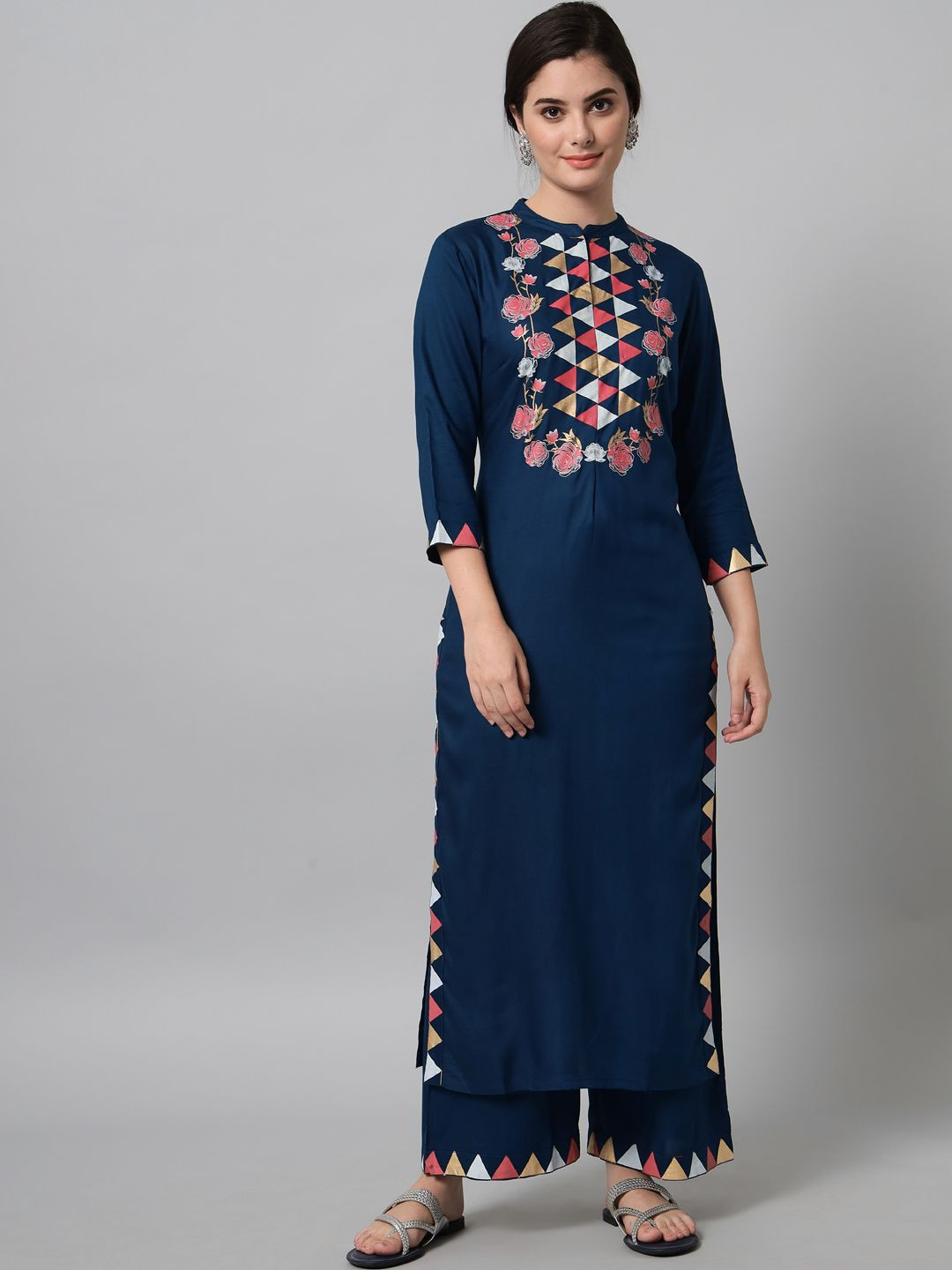 Blue triangle and flower printed kurta trouser set