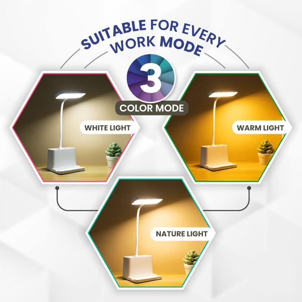 SaleOn Rechargeable 3 Color Light Desk Lamp<6 Month Waranty>Study-Table-Touch Lamp with Pen Mobile Holder Adjustable Reading Lamp Student Eye Care Protection Non Flickering Warm Light, LED, Plastic
