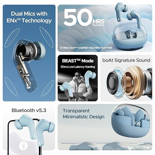 boAt Airdopes 311 Pro, 50HRS Battery, Fast Charge, Dual Mics ENx Tech, Transparent LID, Low Latency, IPX4, IWP Tech, v5.3 Bluetooth Earbuds, TWS in Ear Earbuds Wireless Earphones with mic (Dusk Blue)