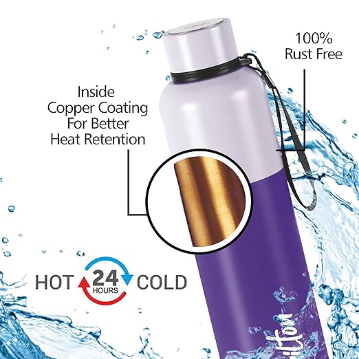Milton Ancy 1000 Thermosteel Water Bottle, 1.05 Litre, Violet | 24 Hours Hot and Cold | Easy to Carry | Rust Proof | Tea | Coffee | Office| Gym | Home | Kitchen | Hiking | Trekking | Travel