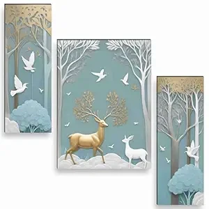 SAF deer Paintings for Wall Decoration - Set Of 3, 3d modern art Painting for Living Room Large Size with Frames for Home, Office painting 50.8 cm x 30.48 cm SANFJM36036-Engineered Wood