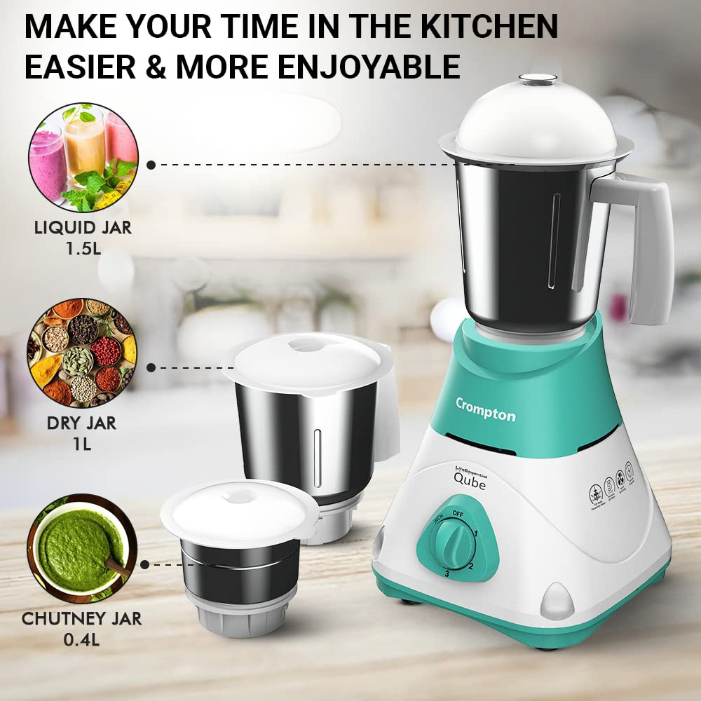 CROMPTON QUBE 3J 750W POWERTRON MOTOR MIXER GRINDER MOTOR VENT-X TECHNOLOGY (3 STAINLESS STEEL JARS, SEAGREEN & WHITE)