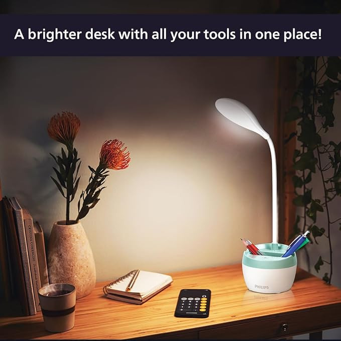 PHILIPS Onyx Green Rechargeable LED Table Lamp with Mobile & Pen Holder| 5W Bedside Dimmable LED Desklight with Gooseneck & 360 Degree Flexibillity | 1800 mAh Battery with 2.5 hrs Backup