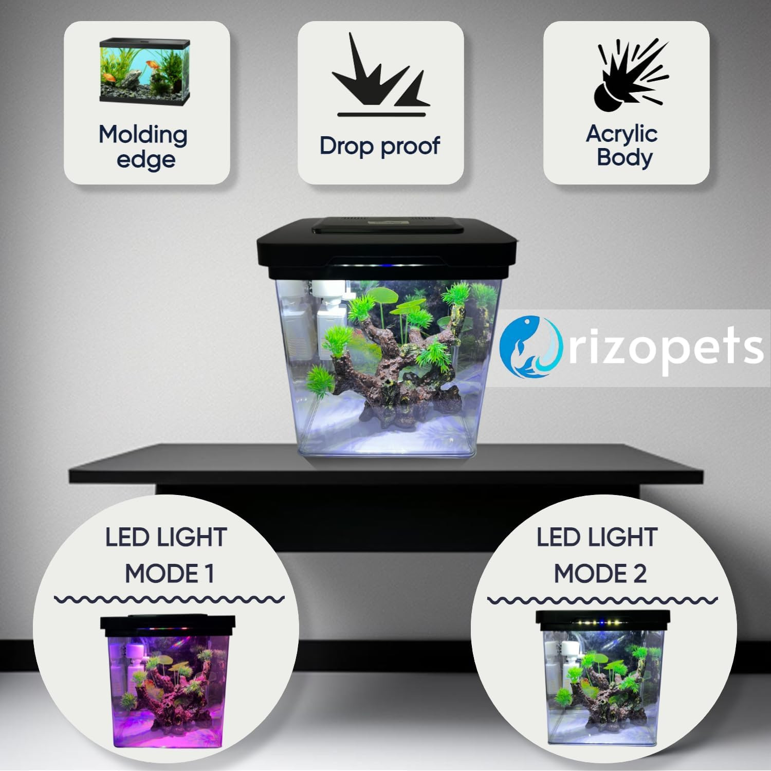rizopets 4K Transparency Fashion Aquarium Mini Fish Tank with Filter & Light, Polycarbonate Material, Suitable for Home, Living Room and Office (26" (Medium)