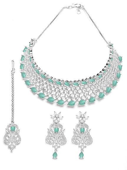 Karatcart Light Green Cubic Zirconia Silver Plated Choker Necklace Set for Women