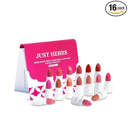 Just Herbs Ayurvedic Lipstick Micro-mini Kit | Kit of 16 Matte Lipsticks | Long-lasting | Weightless | Ayurvedic Formula | Travel-friendly - 7g