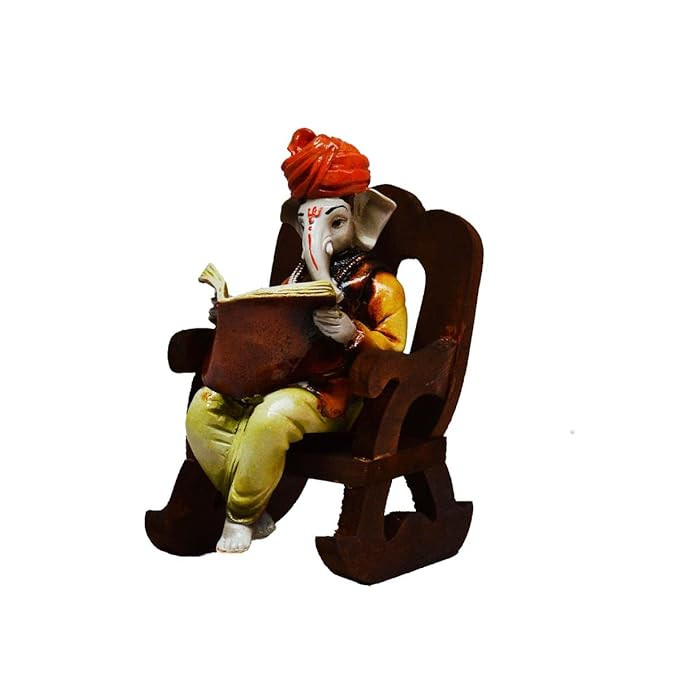 eCraftIndia Lord Ganesha Reading Book on Wooden Chair (LxWxH - 4INx5INx6.5IN)