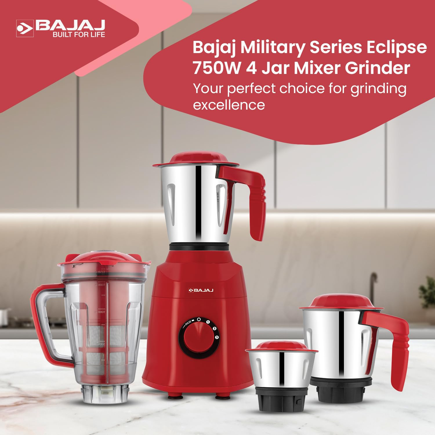 Bajaj Military Series Eclipse 4 Jar 750W Mixer Grinder | DuraCut Blades | 2 In 1 Function Blade | 2 Yrs Warranty 【Red Rage】