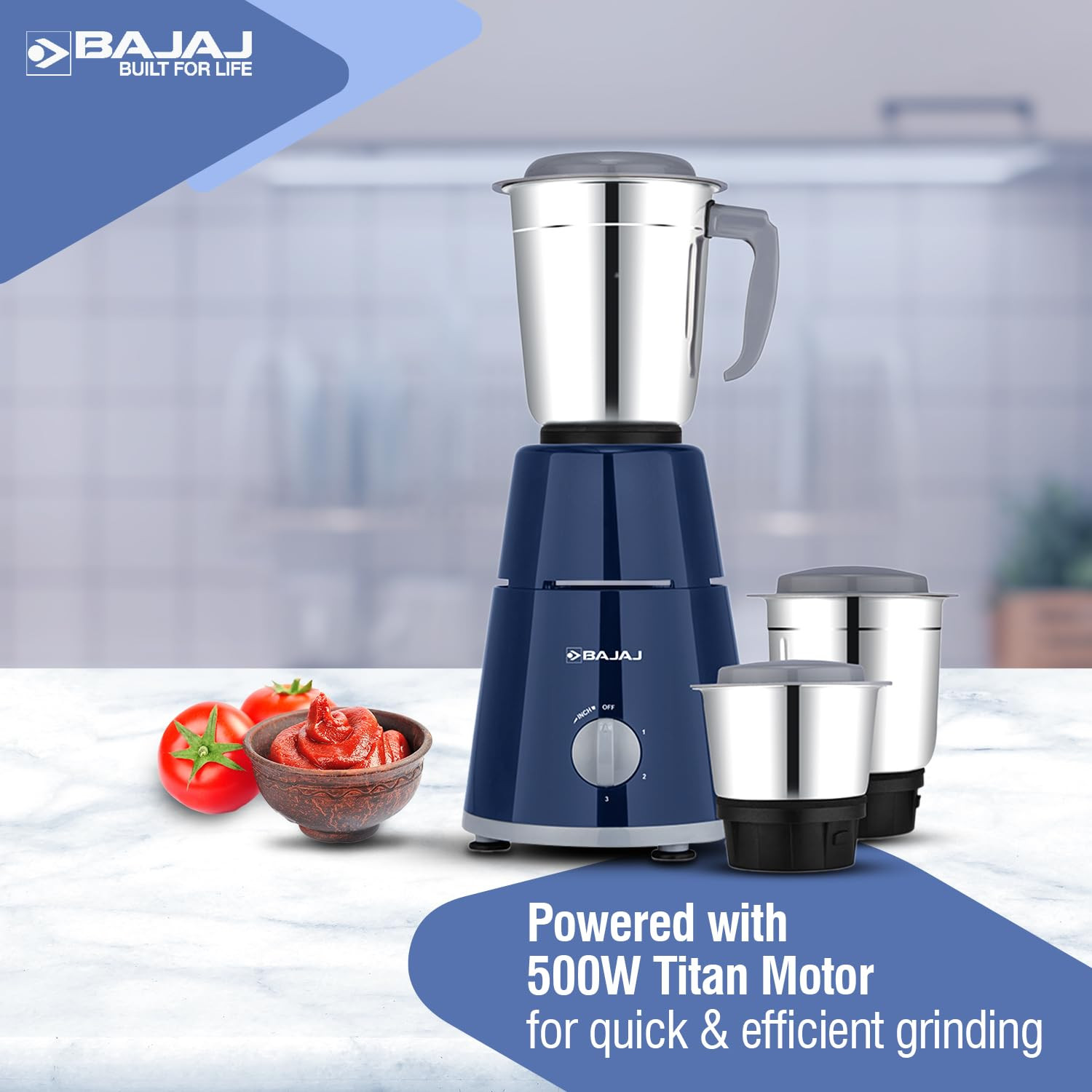 Bajaj GX1 Mixer Grinder 600W | Superior Mixie For Kitchen | 2-In-1 For Dry Grinding | Blade Function With Titan Motor | 3 Stainless Steel Mixer Jars | 1 Year Product Warranty By Bajaj 【Blue】