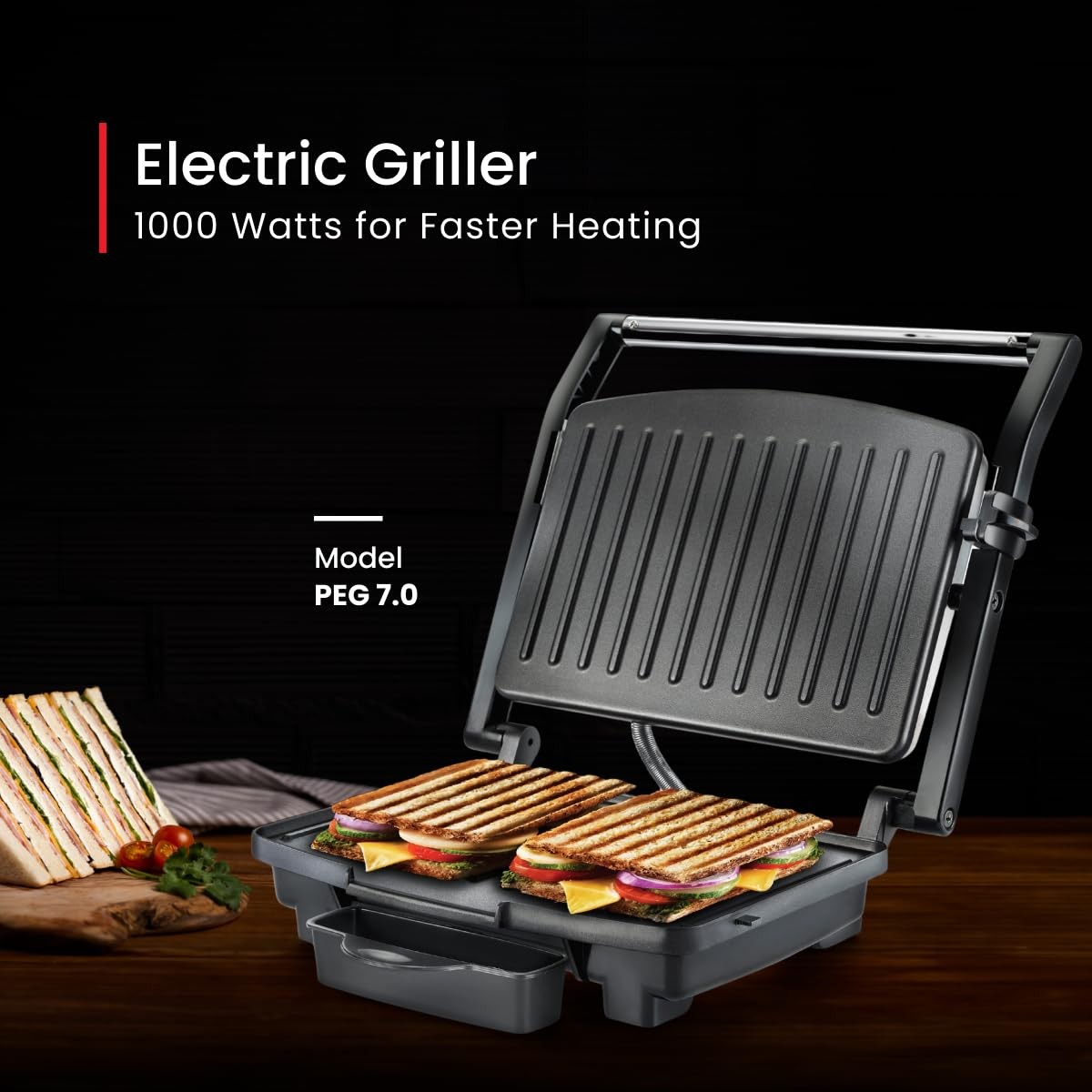 Prestige PEG 7.0 1000 W Electric Griller Sandwich Maker with Oil Collector(Black and Silver, Non-Stick Coated)