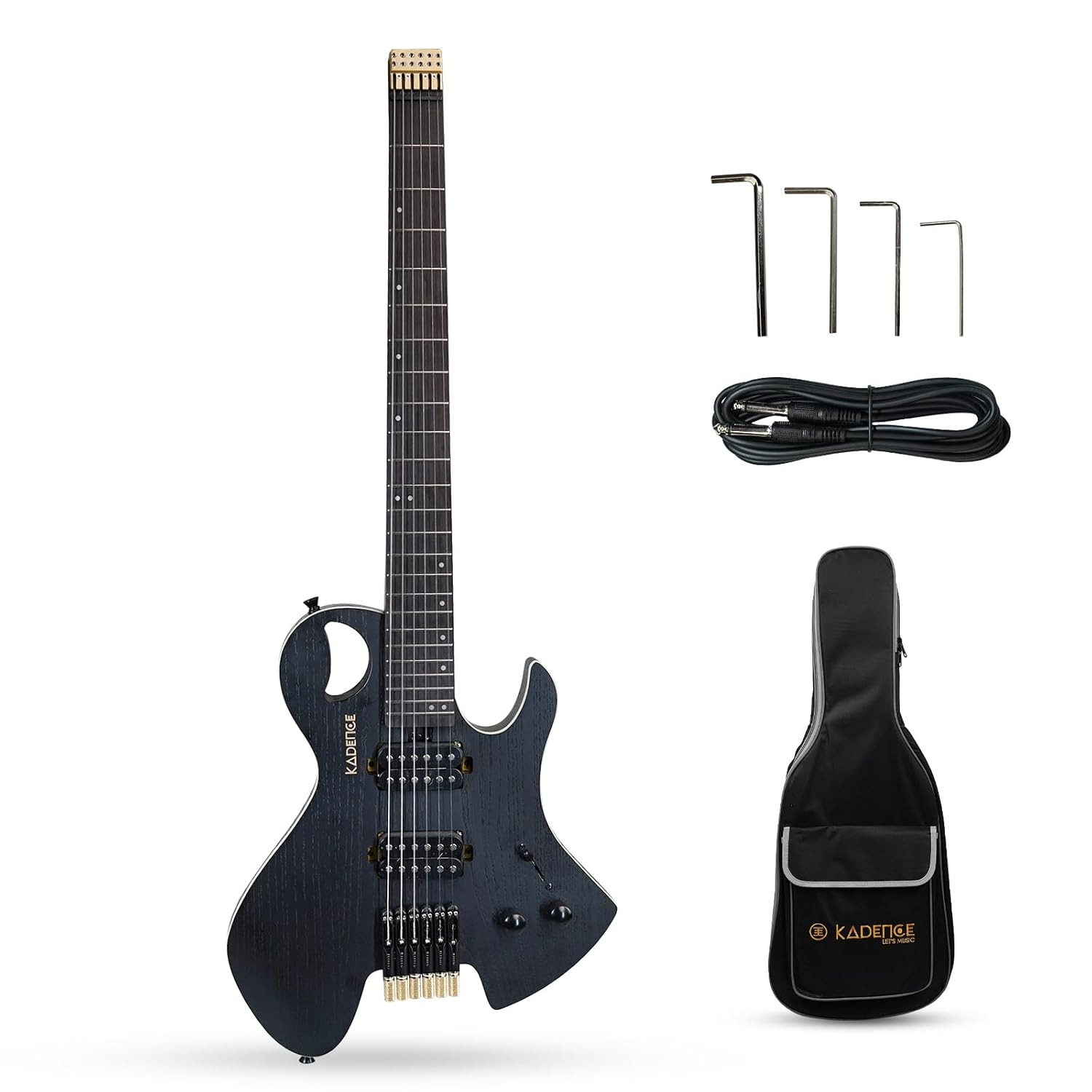 Kadence Headless Electric Guitar HL01, Lightweight Solid Electric Guitar, Solid Ash Wood Body, Alinco H-H Pickup, Rounded Frets, Fixed Bridge, Matt Deep Pore Paint Finish with Bag and Cable (Black)
