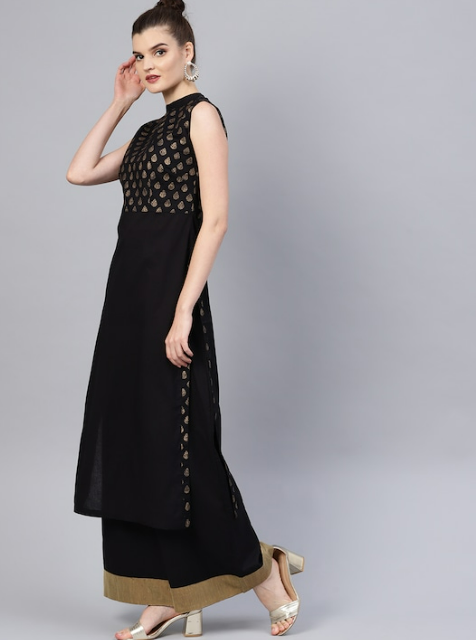 Women Black & Golden Block Print Yoke Design Kurta with Palazzos