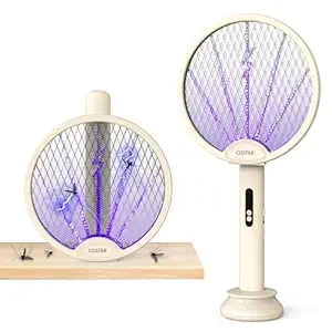 COSTAR Mosquito Bat with UV Light, Foldable Mosquito Racket Rechargeable, 2 in 1 Auto Mosquito Killer with Base Stand, Electric Fly Swatter, Lithium-ion Battery, Beige