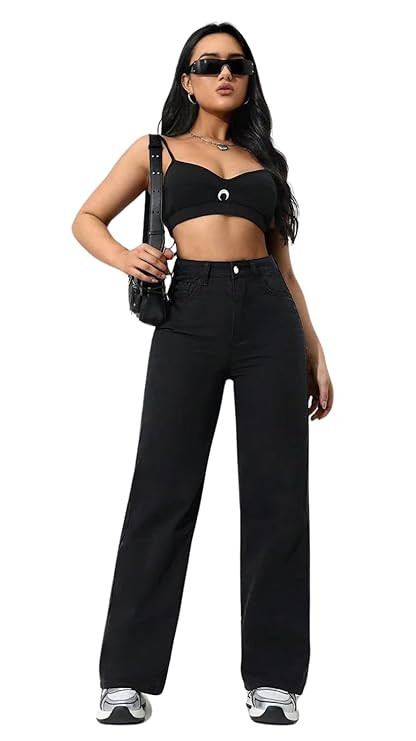 High Waist Loose Fit Black Denim Jeans for Women | Straight fit Jeans| Wide Leg | Baggy Jeans | Clean Solid High Waist Loose Fit Pants I Stylish & Trendy Look I for Office Party Home Girls & Women