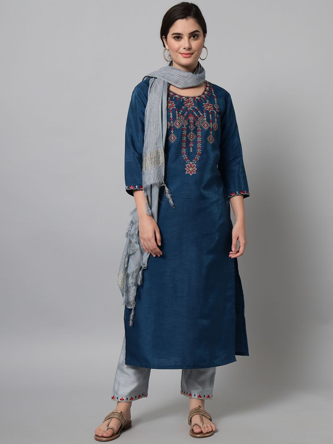Teal blue kurta trouser set with geometric embroidery