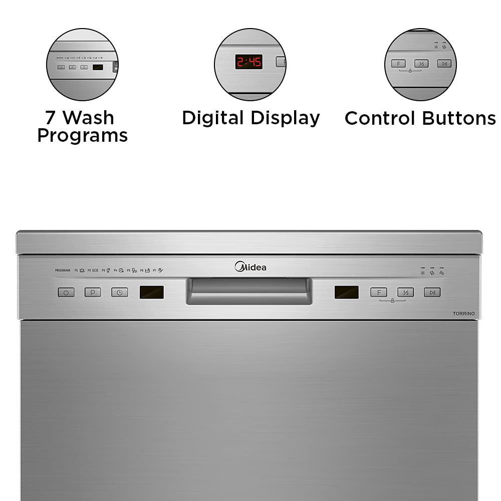 MIDEA 13 Place Setting Freestanding Dishwasher (WQP12-5201F, Silver,7 wash program, Child Lock, Extra Dry & Intensive 70 degree wash, A++ Energy Efficient, Delay Timer, Half Load, Adjustable Basket)