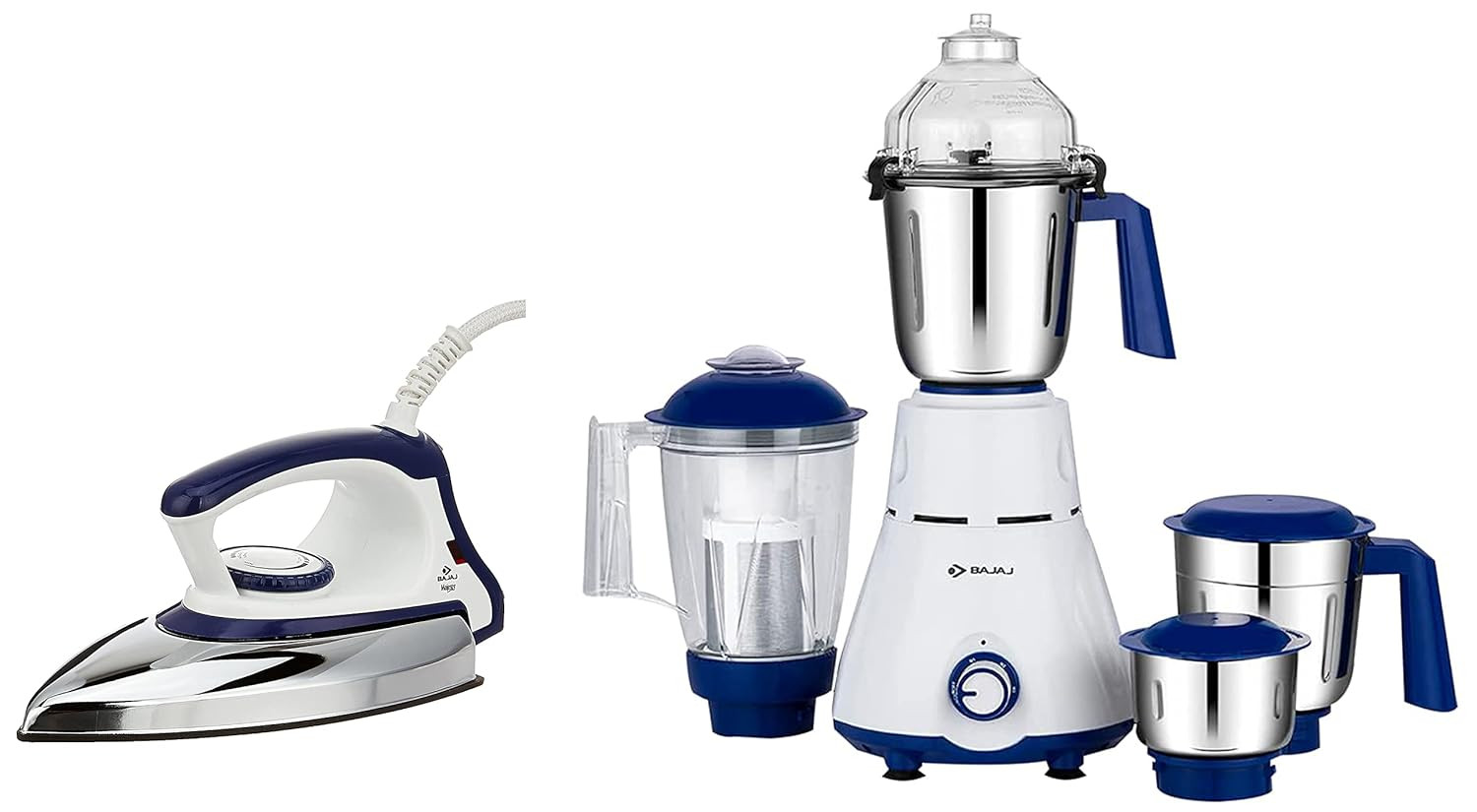 Bajaj Rex 750W Mixer Grinder with Nutri Pro Feature, 4 Jars, White & Majesty DX-11 1000W Dry Iron with Advance Soleplate and Anti-bacterial German Coating Technology, White and Blue