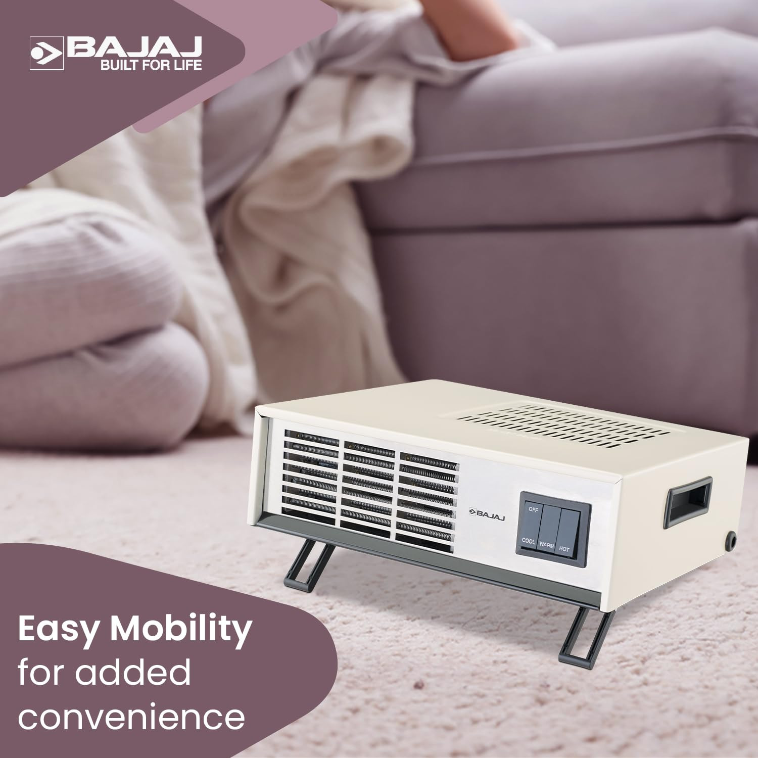 Bajaj Blow Hot Portable Room Heater For Bedroom |2 Heat Settings-1000W/2000 Watts|Ideal Room Heater For Winter|Easy Mobility|Compact Design|Auto-Thermal Cut-Off|2-Yr Warranty| White Color