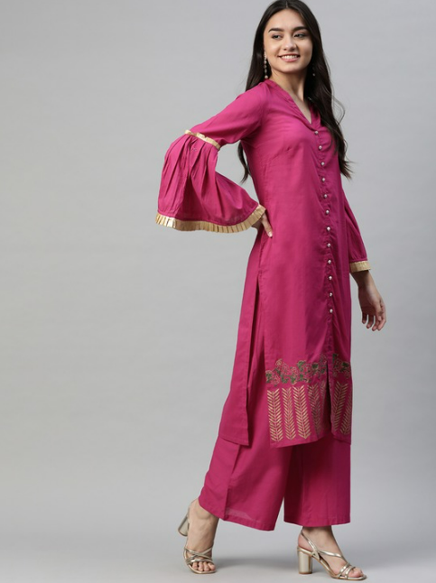 Magenta Regular Pure Cotton Kurta with Palazzos & With Dupatta