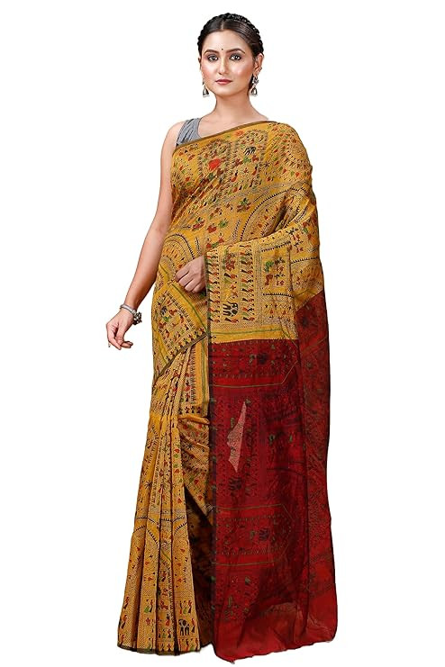 T.J. SAREES Womes's Handloom Cotton Silk Madhubani Block Print Sarees With Blouse Pcs