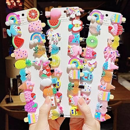 Elina Cute Kids Hair Clips Set Cartoon Emoji Doll for Girls (Multicolour, Pack of 20, Assorted) Rainbow Ice Cream Pin, Cute Smiley Accessories for Toddler Barrettes with Multi Design