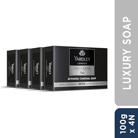 Yardley London Gentleman Classic Activated Charcoal Soap| 99.9% Germ Protection and Deep Cleansing| Daily Bathing Bar Soap For Men| Masculine Fragrance| 100g (Pack of 4)