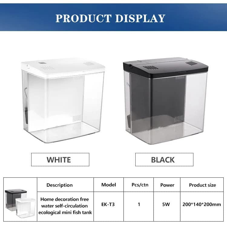 VAYINATO Petzlifeworld Mini Square Shape Aquarium Small Desktop Home Decortive Fish Tank with USB Connector, Multi Mode LED Light, Ultra Silent Pump for Small Fishes (Black, Size : 20x14x20CM)