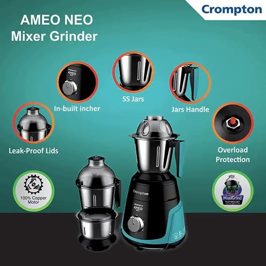 Crompton Ameo Neo 750 Watt Mixer Grinder with MaxiGrind and Motor Vent-X Technology, Leakage Free Jar, Chrome Plated Knob 3 Stainless Steel Jars 5 year Warranty On Motor(Black and green)