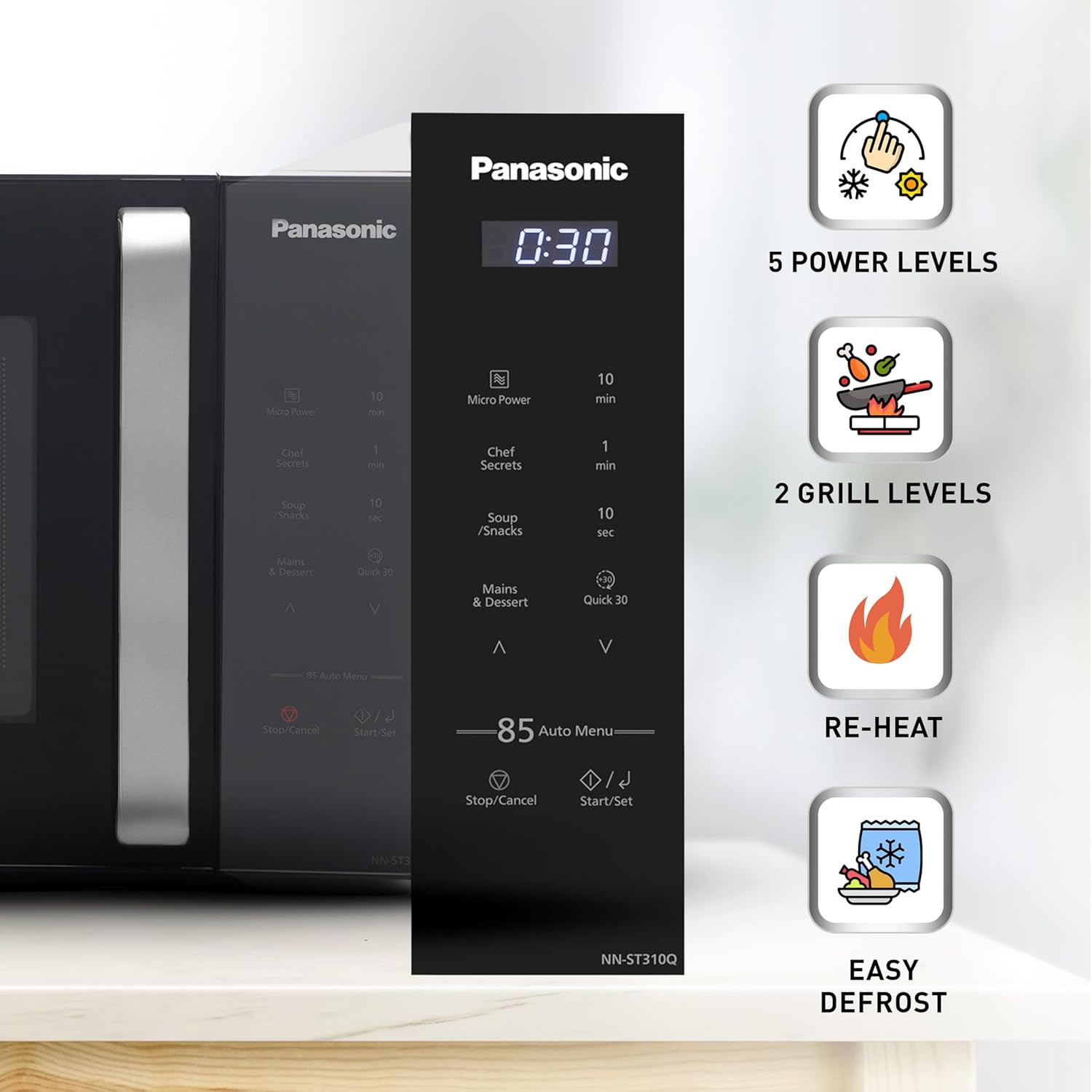 Panasonic 25L Solo Microwave Oven (NN-ST310QBFG, Black, 85 Auto Cook Menus)