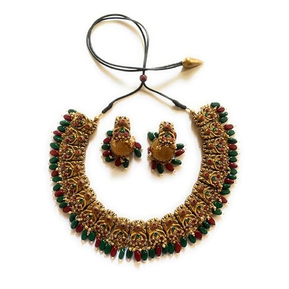 Sanaa's Terracotta Jewellery Women Sanaas Terracotta Beautiful Handmade Flower Design Type Beads Neck-Set (Gold,Green&Maroon)