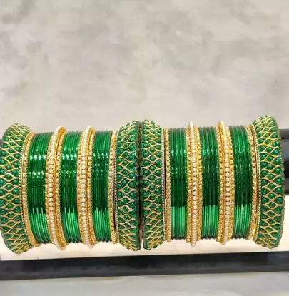 Traditional gold Plated green  mina stone Bangle set