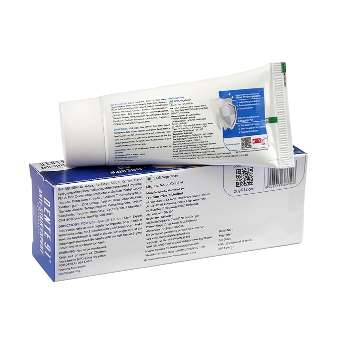 Dente91 Anti-Stain Expert Toothpaste for Stain Removal &Teeth Whitening | Protects against Dental Caries & Strengthens Enamel | Reduces 63% stains in just 3 days