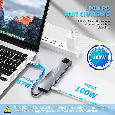 Verilux® 6 in 1 USB C Hub with Ethernet Multi USB Port for Laptop with USB Hub 3.0 and 2.0 PD 87W Charging Port USB Type C Hub with 4K HDMI Converter for MacBook Air Pro, for iPhone 15 16 Pro Max Plus
