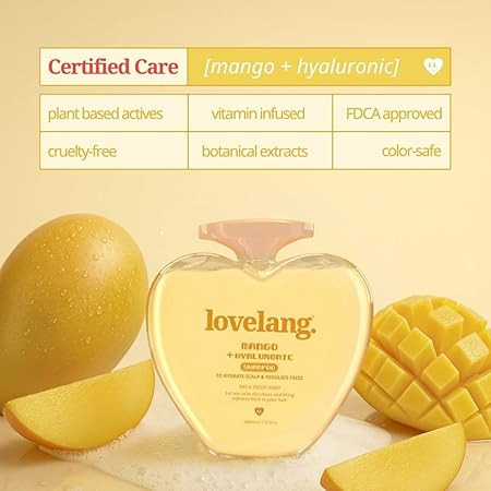 lovelang Mango + Hyaluronic Shampoo | Frizz Control & Hydration Boost | Smoothens & Softens Hair | for Dry, Frizzy Hair| Fruity Mango Scent | 230ml