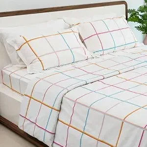 haus & kinder 186 TC Double Bed 100% Cotton King Size Bedsheet with 1 Cotton Single Sheet and 2 Pillow Covers for King Size, Rainbow Checks - 108 x 108 Inches