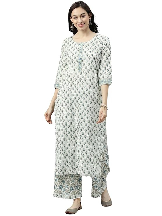 Vaamsi Women's Cotton Blend Jaipuri Floral Printed Straight Kurta Palazzos Set (VKSET1141)