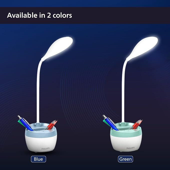 PHILIPS Onyx Green Rechargeable LED Table Lamp with Mobile & Pen Holder| 5W Bedside Dimmable LED Desklight with Gooseneck & 360 Degree Flexibillity | 1800 mAh Battery with 2.5 hrs Backup