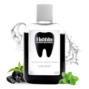 Habbits Teeth-Whitening Charcoal & Spearmint Natural Mouthwash | Vitamin C & E Mouth Freshener For Dental Hygiene & Fresh Breath | No Artificial Flavors & Colors | Alcohol Free Mouth Wash | Pack of 1 