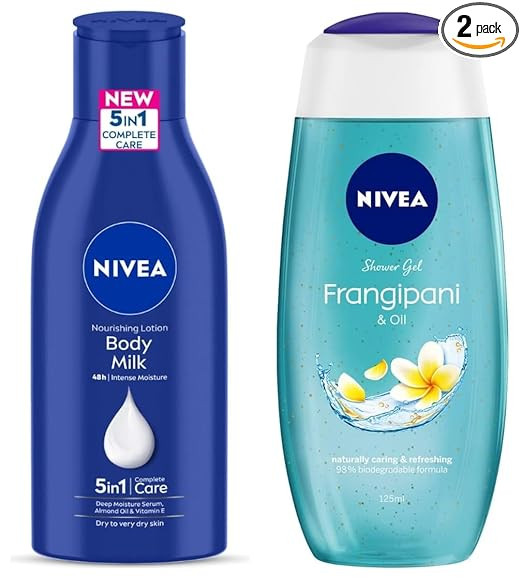 NIVEA Travel Small Pack Combo - (Body Milk 120ml & Frangipani & Oil Body Wash125 ml)