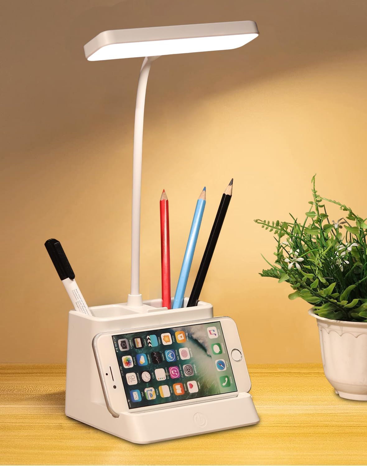 Saleon 3 Color Led Desk Lamp, Rechargeable Night Lamp, With Eye Care, With Pen & Phone Holder, Touch Sensor Lamp With Usb Charging, Flexible Gooseneck Lamp, Adjustable Reading Lamp - Plastic, White