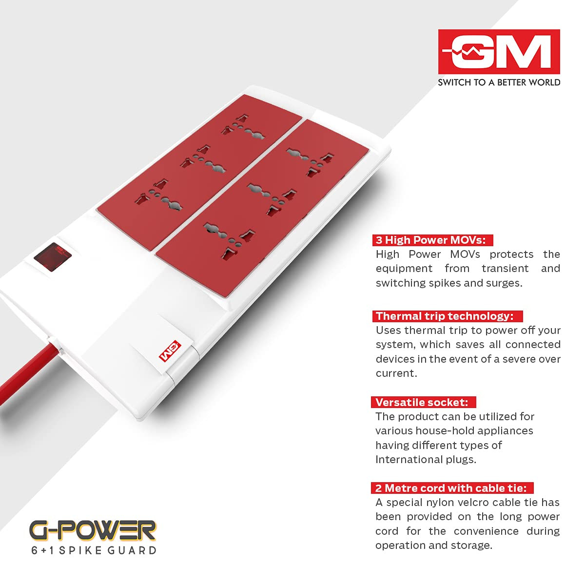 GM 3059 GPower 6+1 Spike Adaptor with Master Switch, Indicator, Safety Shutter, International Sockets & Surge Protector
