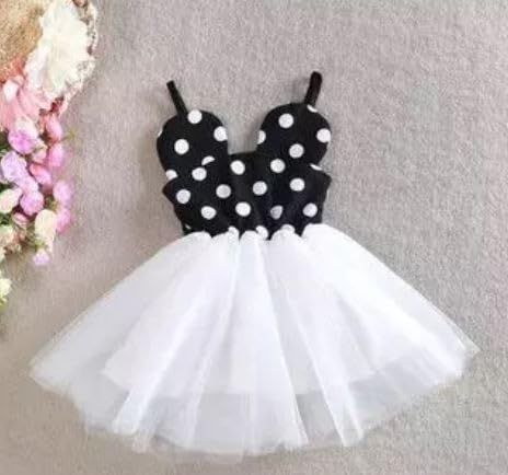 Muskura Fashion Casual Net Polka Dot Printed Frill Knee Length Frock Dress for Girls