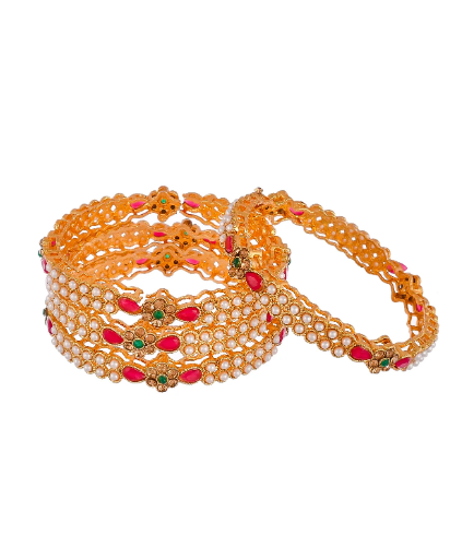 Rose gold-Plated white  Stone Studded with moti Bangles set