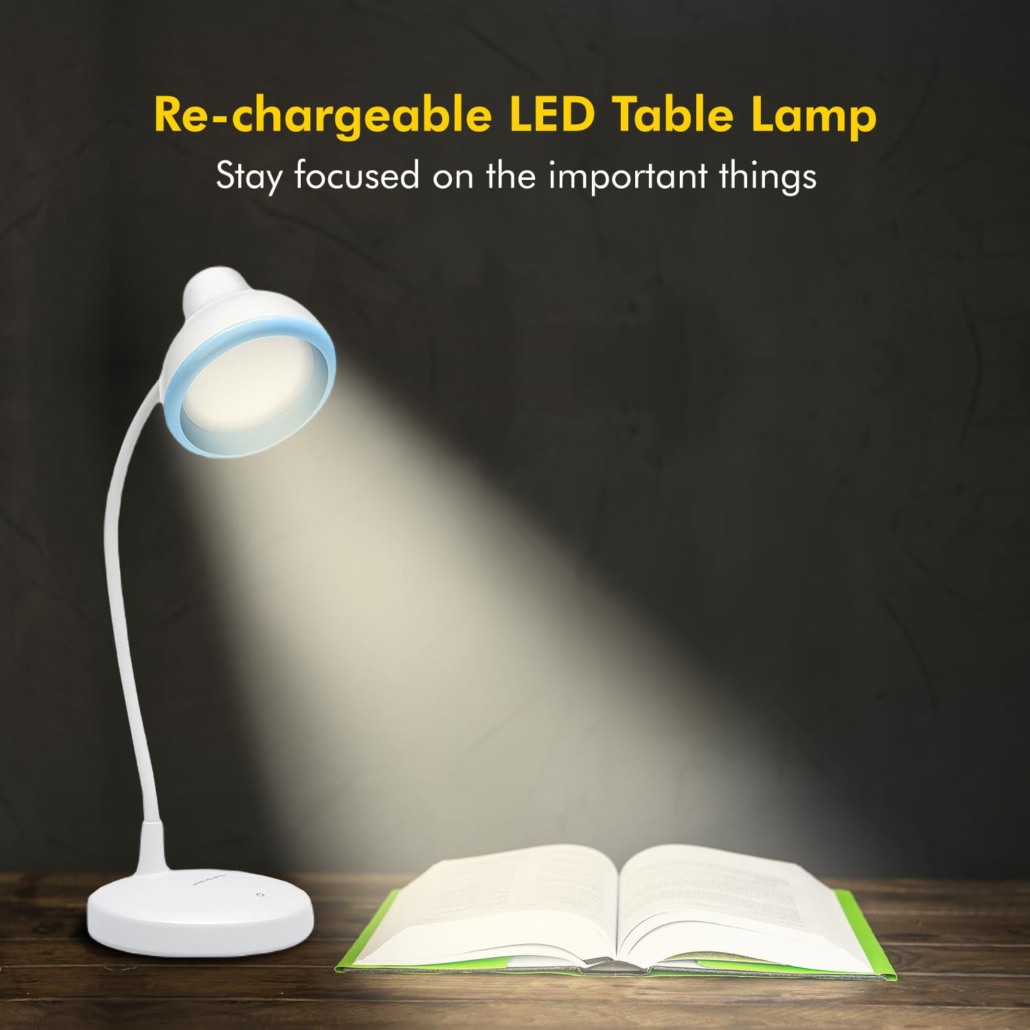 wipro Re-Chargeable LED Table Lamp, Round and Flexible Design with 3 Grade Dimming, 6W Desk Lamp for Study with Adjustable Neck, White, ABS, Pack of 1