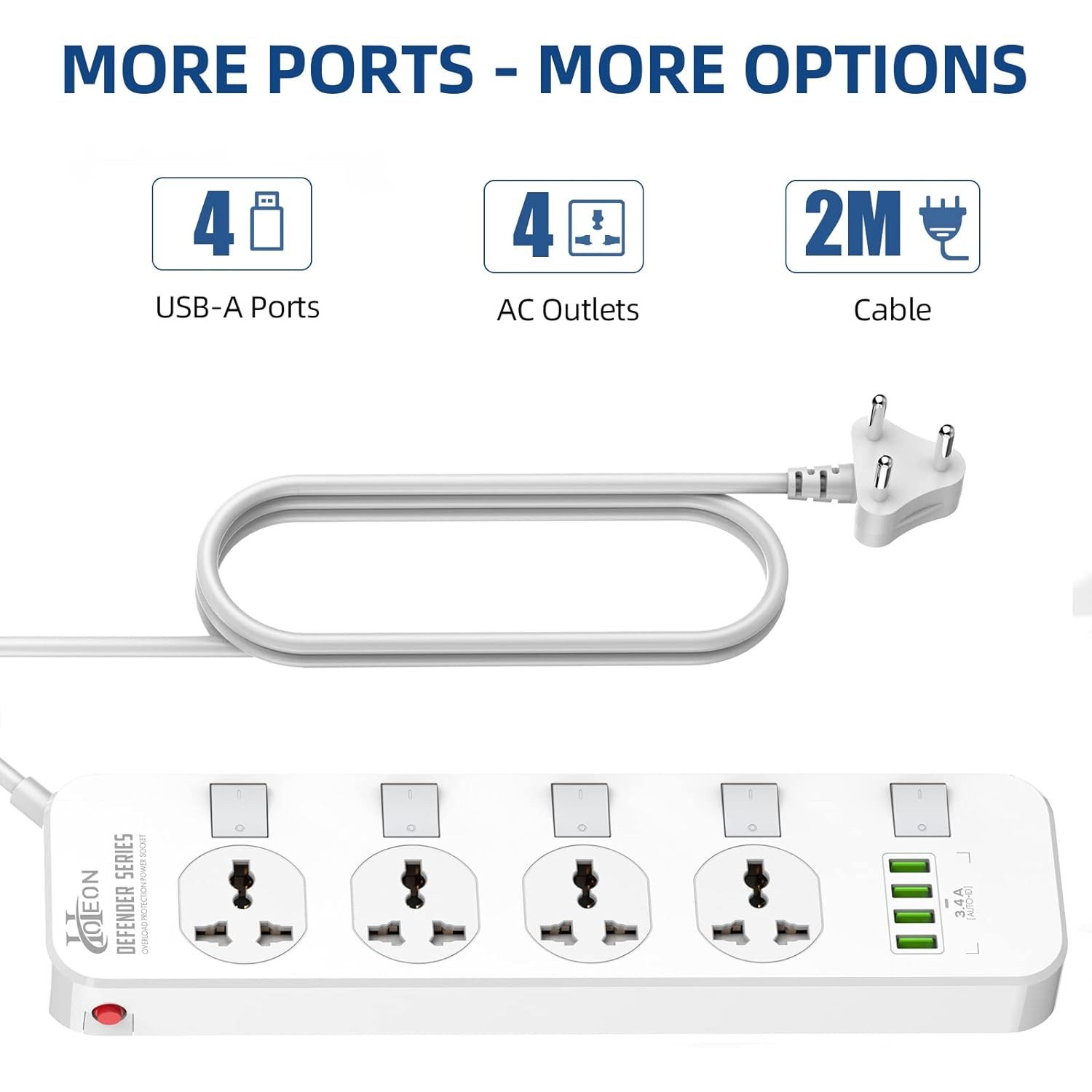 Hoteon 2500W Extension Board With Usb Slots, Individual Switch & Safety Shutter, 4 Usb Ports(3.4A) 4 Way Outlets Power Strips With Universal Sockets And 2M Extension Cord (3-Pin, White), 250 Volts