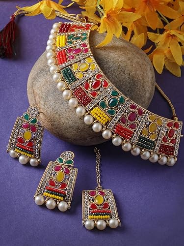 Sukkhi Adorable Unique Stylish Rani Pink Stone Studded With Pearls Choker Necklace Set For Women