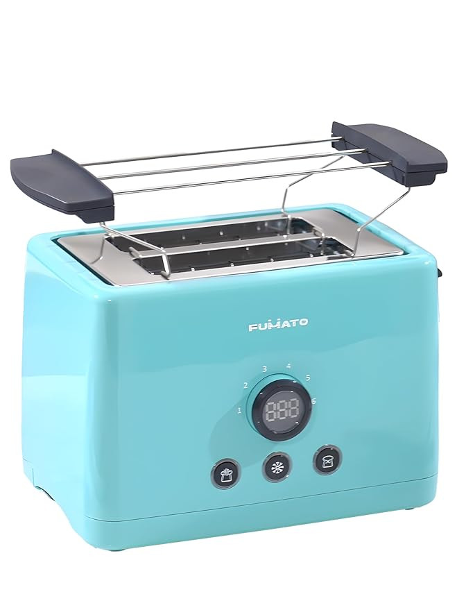 FUMATO 1000W 2 Slice Toaster- Bun Rack, 6 Heat Modes, Automatic Pop Up, Removable Crumb Tray, Stainless Steel, Extra Wide Slots, Reheat, Defrost & Mid Cycle Cancel, Hi-Lift & 1 Year Warranty- Pink