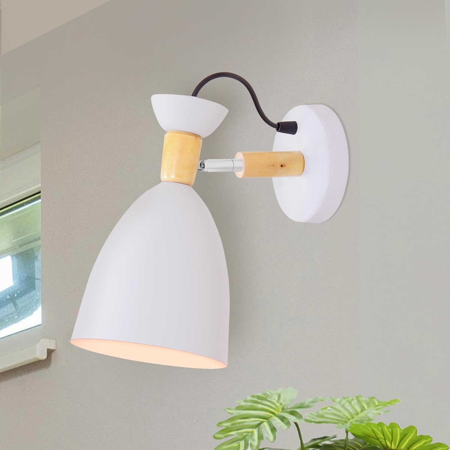 Homesake Wall Mounted Lamp with Adjustable Arm, Wood Finish Modern Wall Mounted Reading Lamp, Portable,for Hangings Light,with Lampshade, White