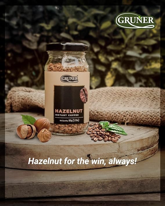 Gruner Premium Freeze Dried Instant Coffee- 50gm|Hazelnut Flavored Sugar-Free Coffee |Eco-friendly Coffee Medium Roast Arabica Coffee Beans|Rich & Smooth|Supports Energy and Metabolism