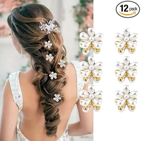 Elina 12 Pcs Korean Style Small Pearl Hair Mini Claw Clips with Flower Stylish Design Sweet Artificial Bangs Decorative Bead Accessories for Braid Wedding Women Girls Kids (12 Pieces)